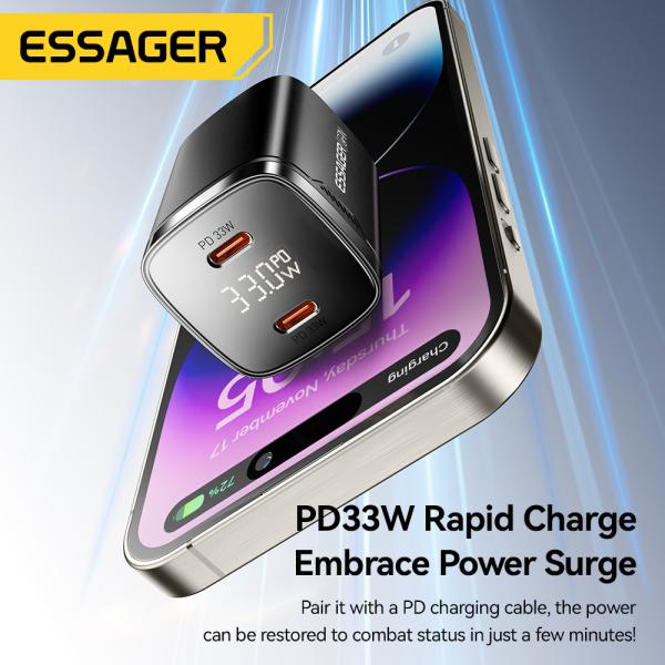 ESSAGER ES-CD45 33W GaN Charger Dual USB C PD Charger for Power Supply Adapter