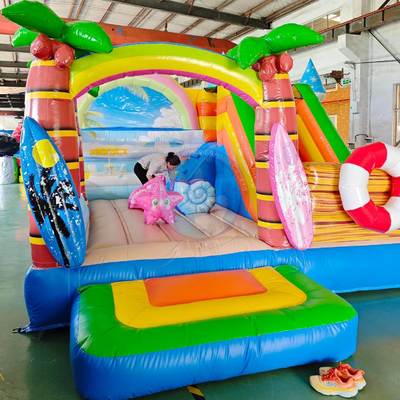Tropical Beach Inflatable Bounce House and Slide Combo with Climbing Steps for Kids