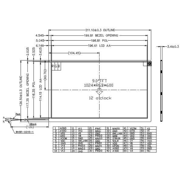 9 дюймовый TFT LCD дисплей, разрешение 1024x600, 300cd/M2 с интерфейсом LVDS 50 PINS