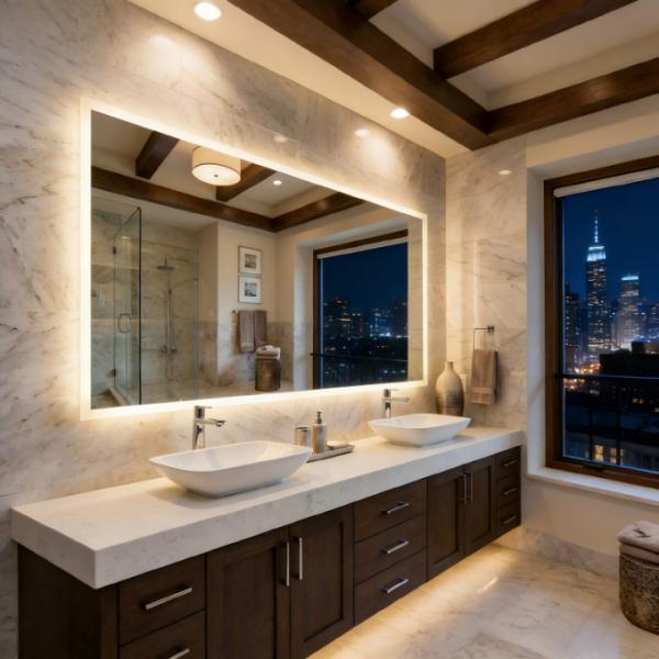 Kingstin LED Backlit Frameless Bathroom Mirror - Dimmable Illuminated Mirror for Modern Luxury Bathroom Tempered Glass