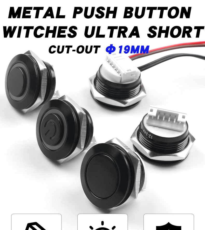 Push Button Switch Ultra Short Waterproof Self-Reset Momentary 19mm Oxidation Black IP65