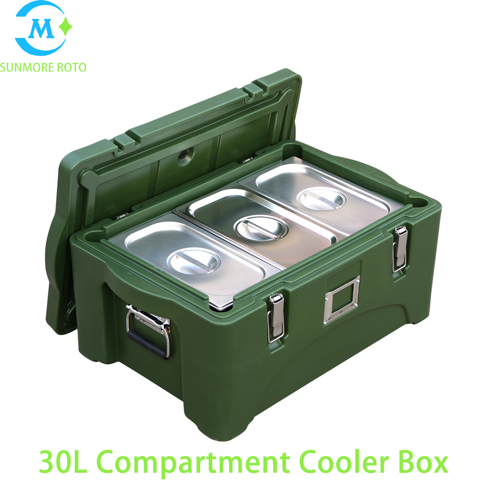 SUNMORE ROTO 30L Dark Green Rotomolded GN Pan Insulated Food Box, Custom 2 / 3 Compartment Portable Thermal Container For Catering Group Meal Delivery