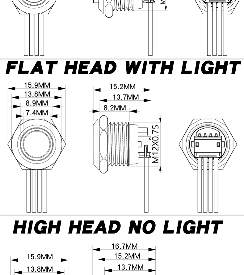 Ultra Short 12mm Momentary LED Mini Push Button Switch Flat/High Head Waterproof Metal Design