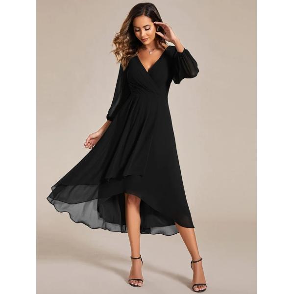 Elegant Empire Long Sleeve V-neck High Low A-line Ruffled Midi Dark Purple Chiffon Wedding Guest Cocktail Dress