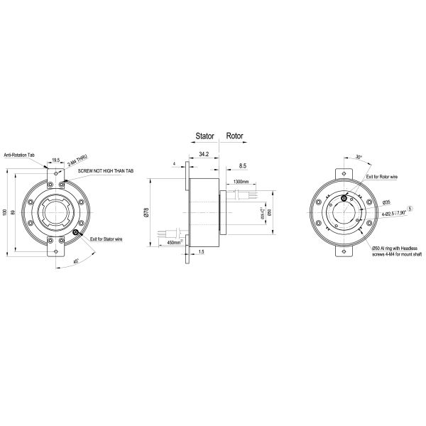 3 Channel 10A Through Bore Slip Ring with IP65 Protection and AFPF Cable