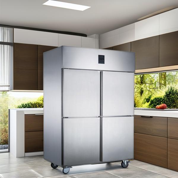 Comerciante Restaurante cocina 4 puertas de acero inoxidable congelador vertical Iluminación LED fácil de limpiar Equipo de refrigeración vertical