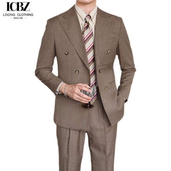 Italian Vintage Brown Suit Double Breasted Striped Jacket for Men's Professional Look