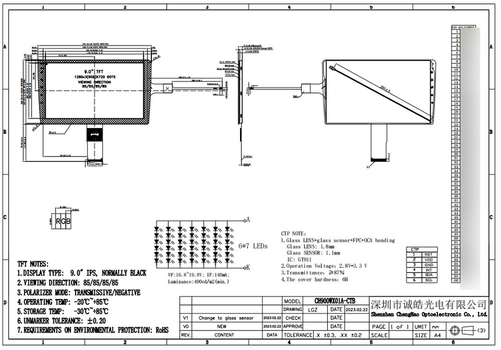 9 дисплей экрана монитора 60pin автомобиля дюйма LVDS 1280*720dots TFT LCD