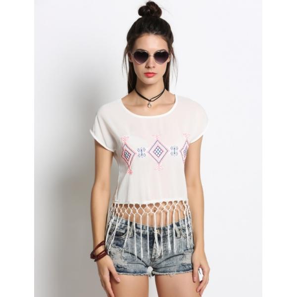 tops for women 2016 Women Round Neck Embroidery Tassel Blouse Crop Tops