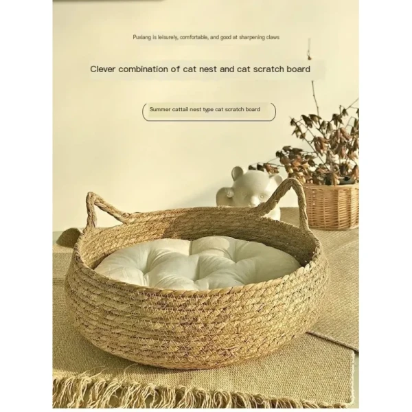 Pure Hand-Woven Rattan Cat Nest Universal Warm Pad for Small Animals Four Seasons Removable Washable Winter Pet Supplies Solid