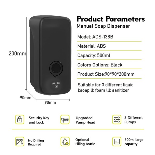 Modern ABS Wall Mounted Manual Soap Dispenser 500ml  For Hotels And Offices