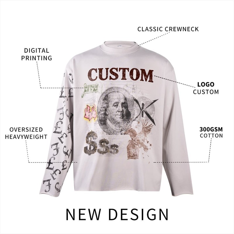 Custom Oversized Graphic Long Sleeve T Shirt Raw Edge Hem Streetwear