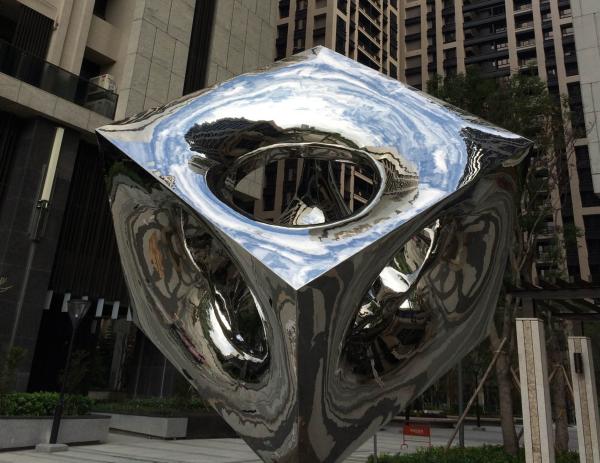 Contemporary Stainless Steel Sculpture Light Cube Highly Polished Plaza Decoration