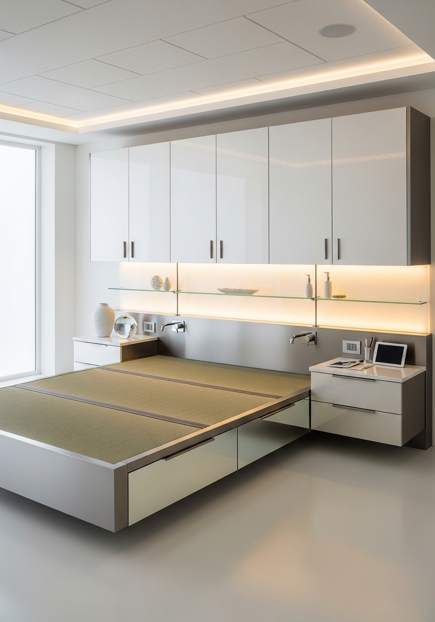 Floating Platform Tatami Bed with Integrated Storage in 304 Stainless Steel