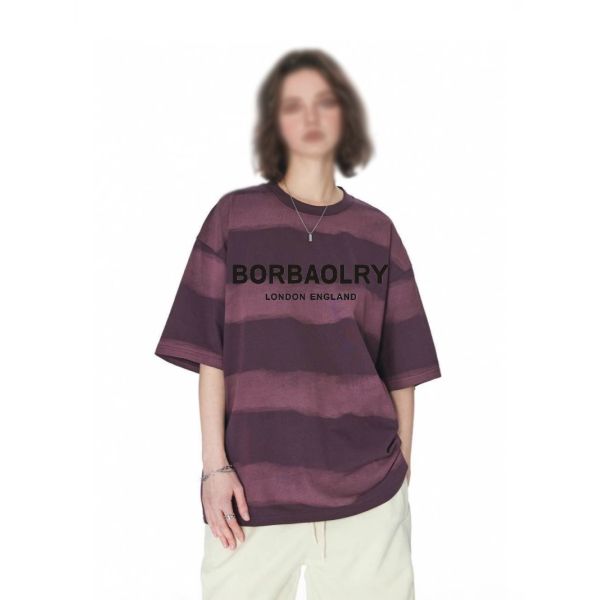 Wholesale 220g T-shirt Cotton Fashion Casual Loose Striped Top Tie-dye Craft Dropped Shoulders Round Neck Short Sleeve
