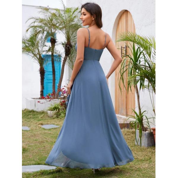 Beautiful Sleeveless V-neck Spaghetti Strap A-line Dusty Navy Chiffon Prom Dress With Lotus Leaf