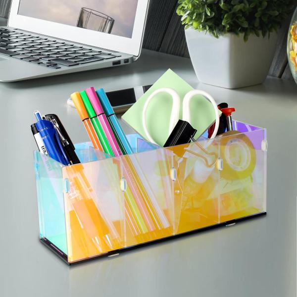 Colorful Transparent Pencil Holders,Acrylic Pen Holder,Makeup Organizer 4 Compartments For Desk,Vanity,Office