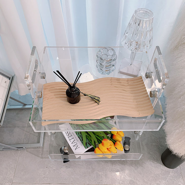 New Design Factory Customized Assembly Rolling Clear Lucite Perspex Food Trolleys Acrylic Storage Carts with Wheels