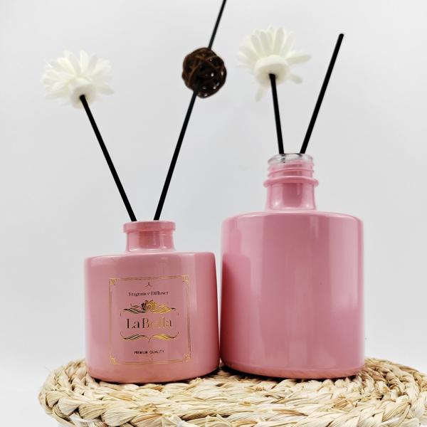 Garrafa de difusão de fundo redondo de vidro rosa mate de 150 ml e 200 ml com material ecológico