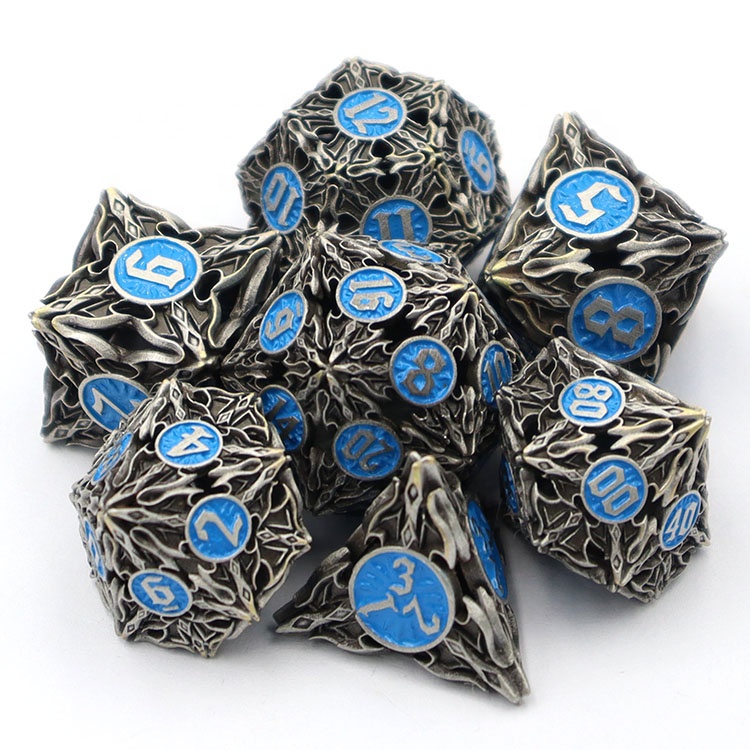 Custom Brass Hollow Dice Set with Polyhedral Design and Personalized Logo for DND Games
