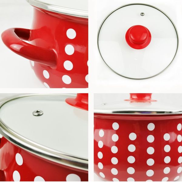 Eco-Friendly Red Dots Enamel Belly Deep Casserole Pot with Enamel Lid
