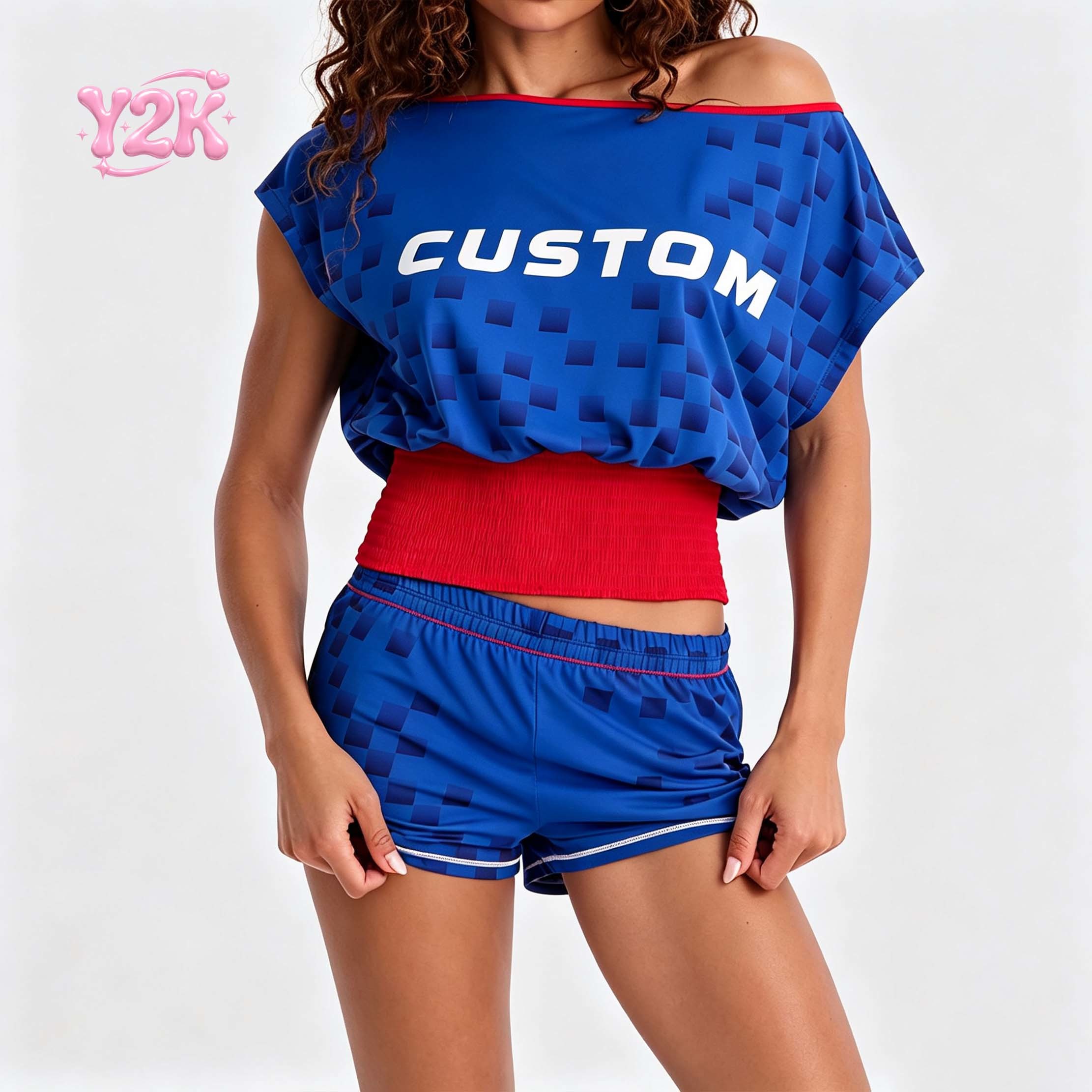Custom Women's Blue Checkered Off Shoulder Top & Shorts 2pc Set