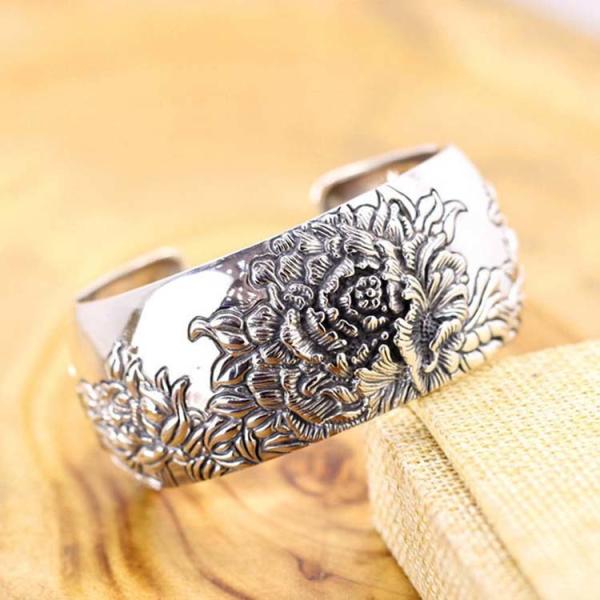 Retro Vintage 925 Sterling Silver Wide Cuff Bracelet Engraved Flower (XH042025)
