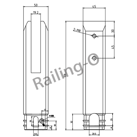 Square Core Drilled Spigot H220 for 10-14mm Glass 2205 Duplex Stainless Steel Matt Black