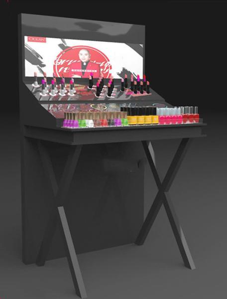 Black Skin Care Cosmetic Shop Furniture , Beautiful Makeup Display Stand For Shopping Mall