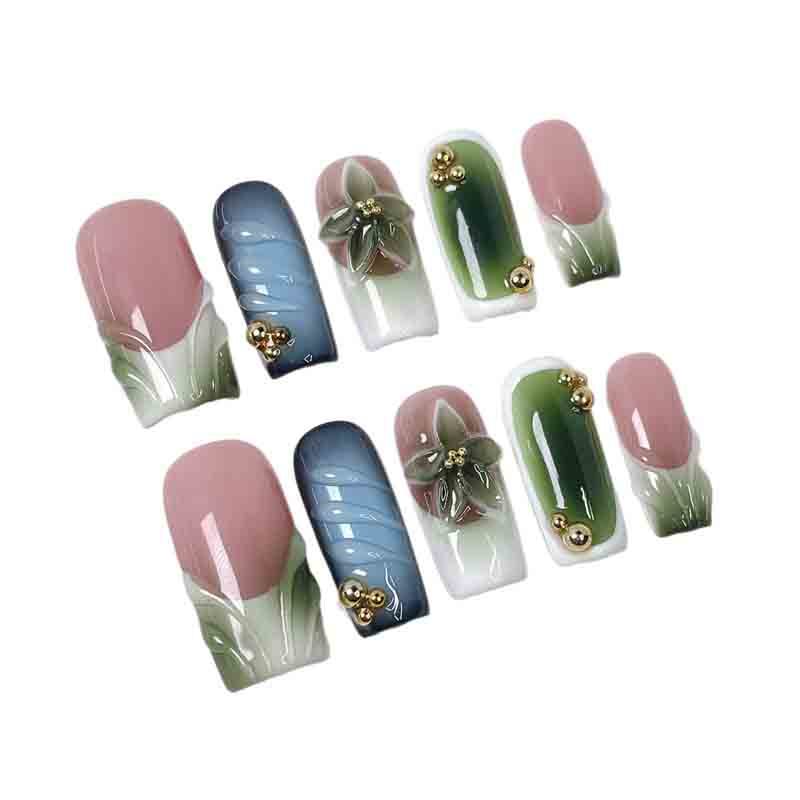 Wholesale Medium Square Handmade Fake Nails Spring Tulip 3D Floral Gold Bead Decor