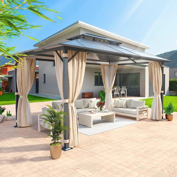 Gazebo Polycarbonate Double Roof Canopy Outdoor Aluminum Frame Pergola, Permanent Pavilion with Netting Curtains