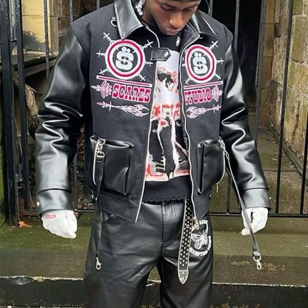 Vintage Leather Tracksuit Mens Zip Up Retro Multiple Pockets Letter Embroidery Bomber Jacket