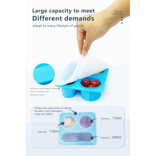 Blue Silicone Divided Snack Box with Lids BPA-Free Leak-Proof Eco-Friendly Microwave Dishwasher Safe for Kids Adults OEM