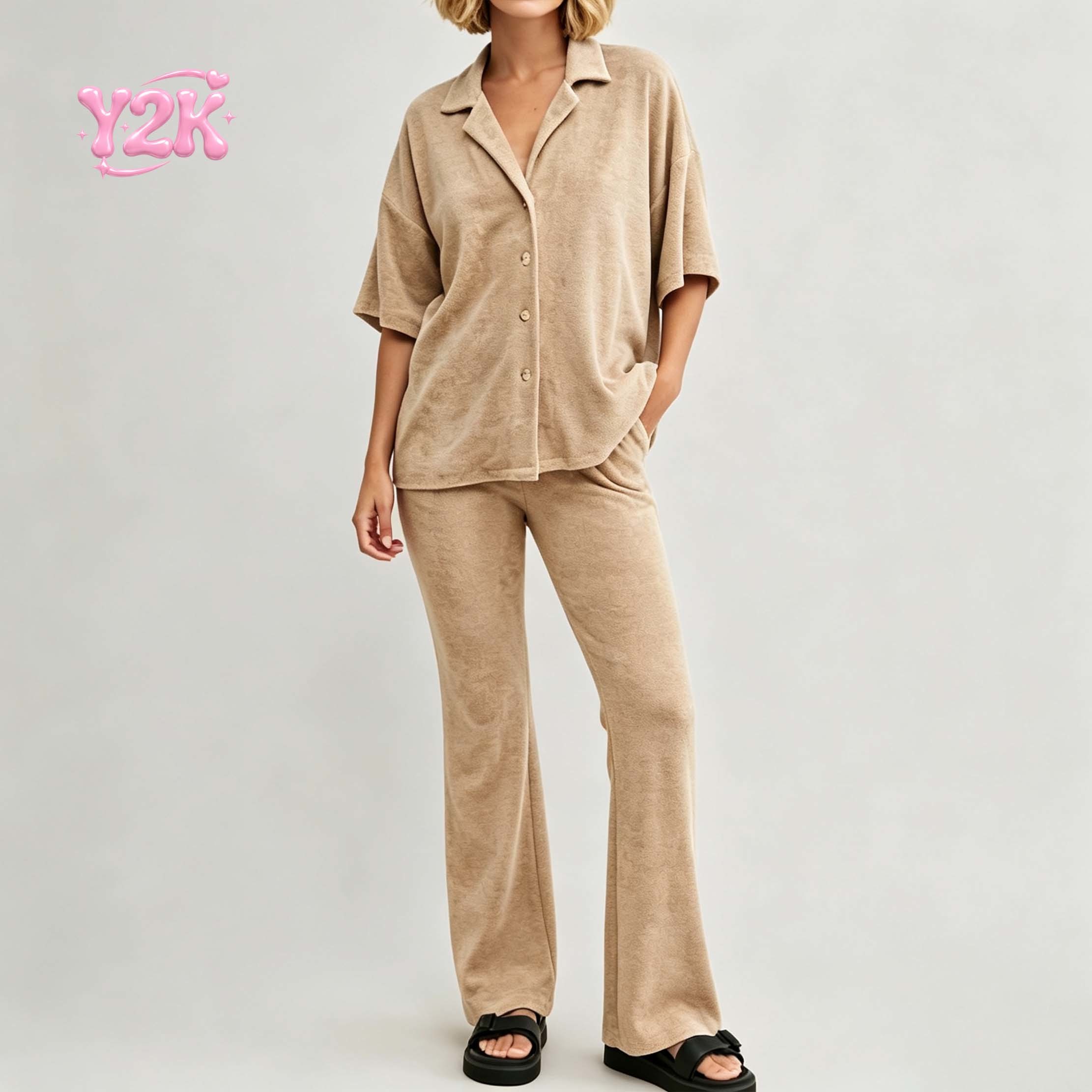 Custom Women's Terry Button Shirt Straight Leg Pants Set