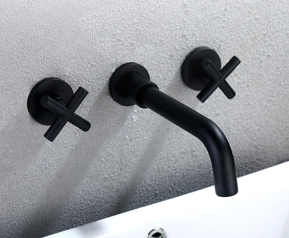 Wall-mounted Double Handle Basin Faucet with Brass Body and Half-turn Brass