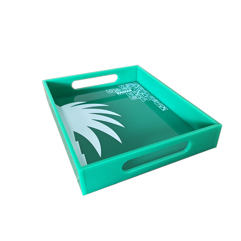 Green Acrylic Serving Tray With Handles Rectangular Food Tray For Drinks Coffee Dessert Breakfast