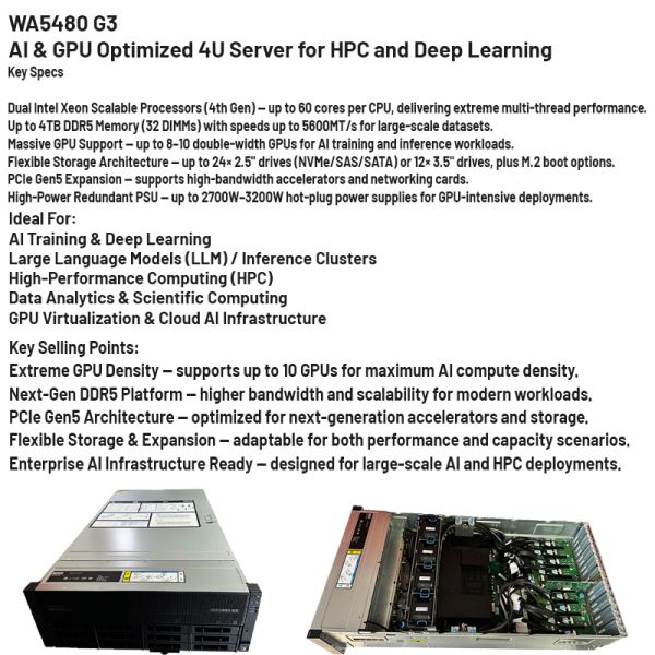 Lenovo WenTian WA5480 G3 4U GPU Server with 10 GPUs, DDR5 Memory, and PCIe Gen5 for High-Performance Computing