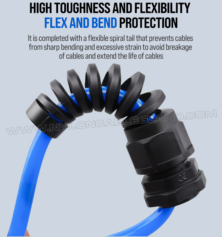 Bend and kink protection of colored spiral nylon cable glands Colored Strain Relief Cable Gland Nylon 6 (Polyamide 6/PA6), PG13.5 (Ø 6-12mm & 5-9mm), IP68 & IP69K, for Cable Identification & Organization