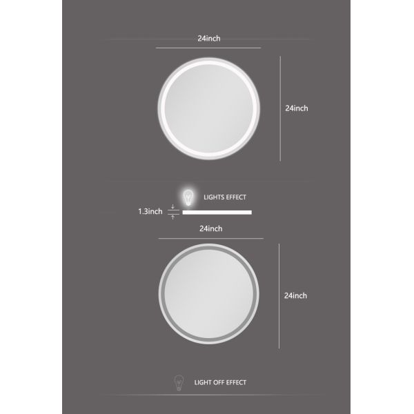 Modern 24in Glass Bathroom Mirror LED Illuminated Smart Anti-Fog Frameless Wall Mounted Touch Switch IP44 Rated for Apartments