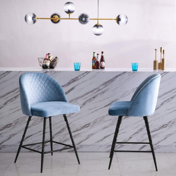 26 Inch Upholstered Padded Saddle Bar Stools , Blue Velvet Bar Stools Metal