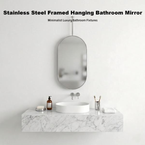Kingstin Custom Stainless Steel Ceiling Mounted Oval Bathroom Mirror, Hanging Vanity Mirror for Hotel & Villa