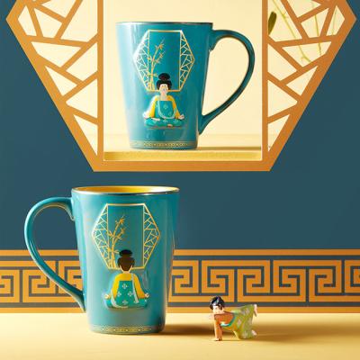 Large capacity ceramic embossed coffee and tea mug print 3d yoga lady Chinese style vintage mug