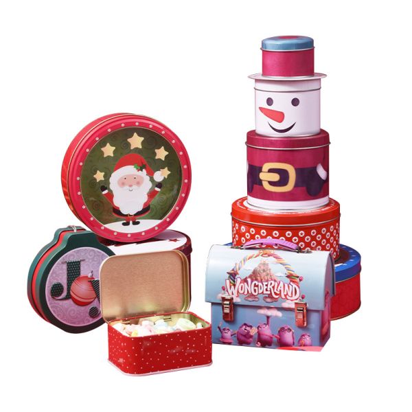 Custom Christmas Tin Box for Gift Square and Round Dessert Tin Can
