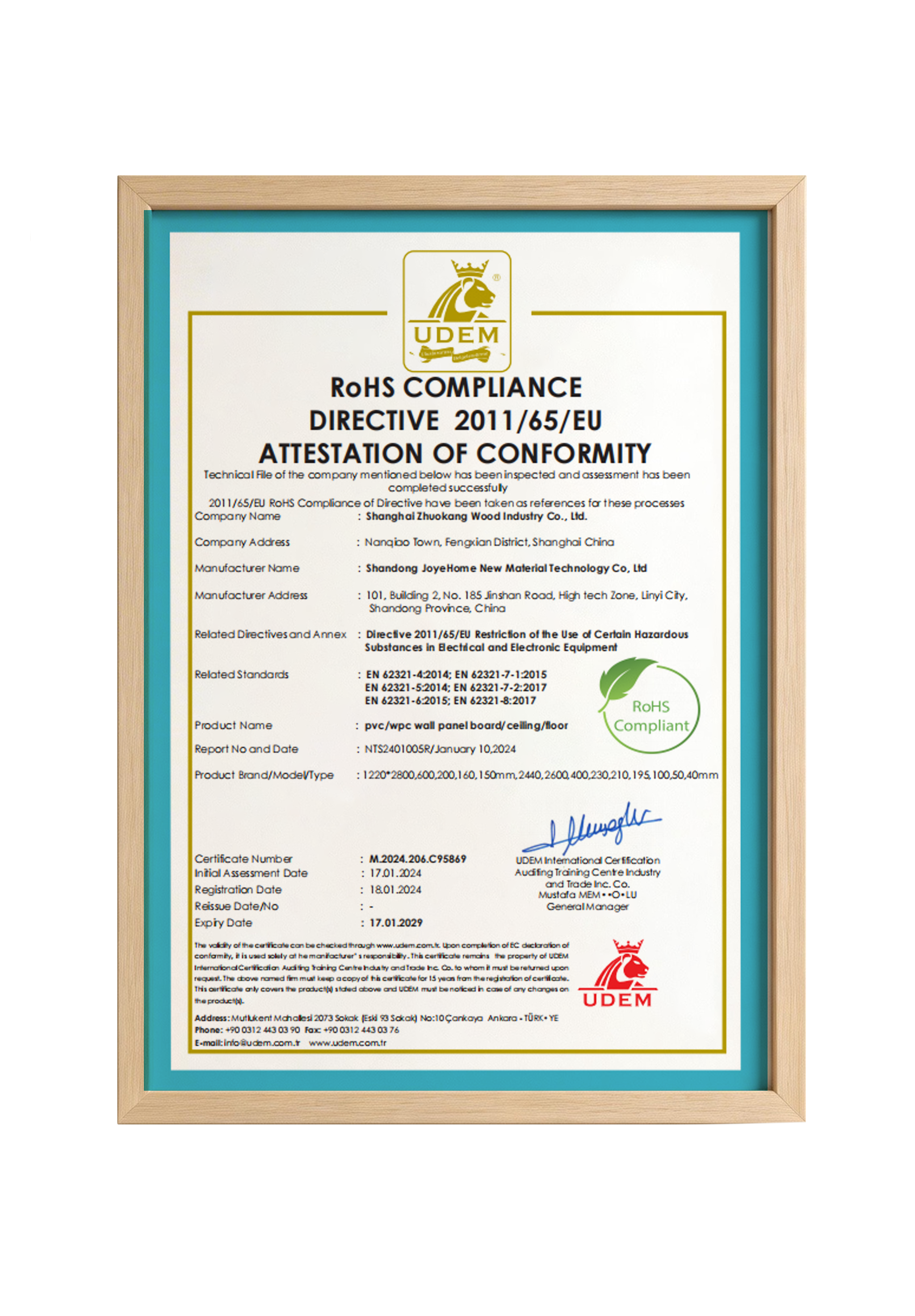 Shanghai Zhuokang Wood Industry Co., Ltd. Certifications