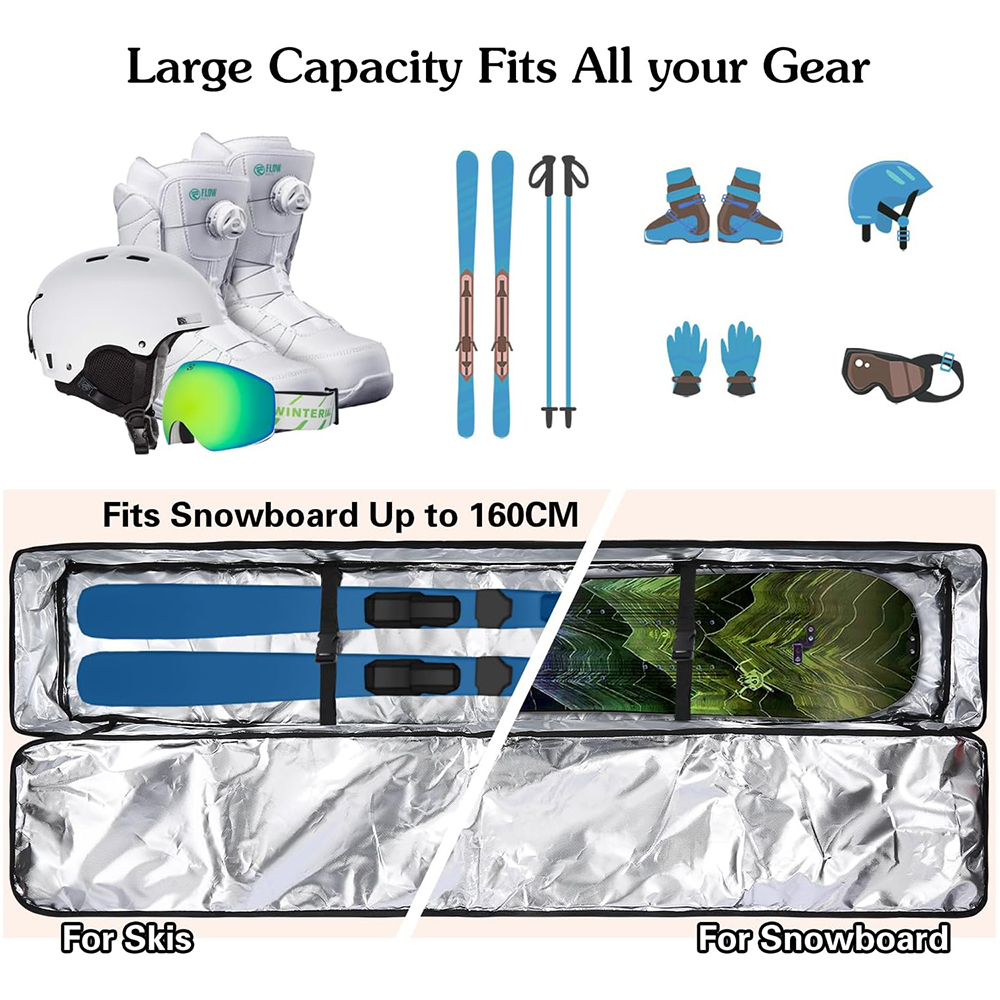 Mens Beginner Ski Travel Bag Lightweight 1680D Oxford Fabric Waterproof Snowboard Bag with Foil Lining Zipper Wheels Roller