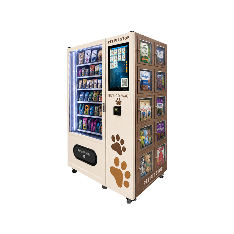 Self Service Pet Vending Machine Combining Standard Vending and Side Lockers for