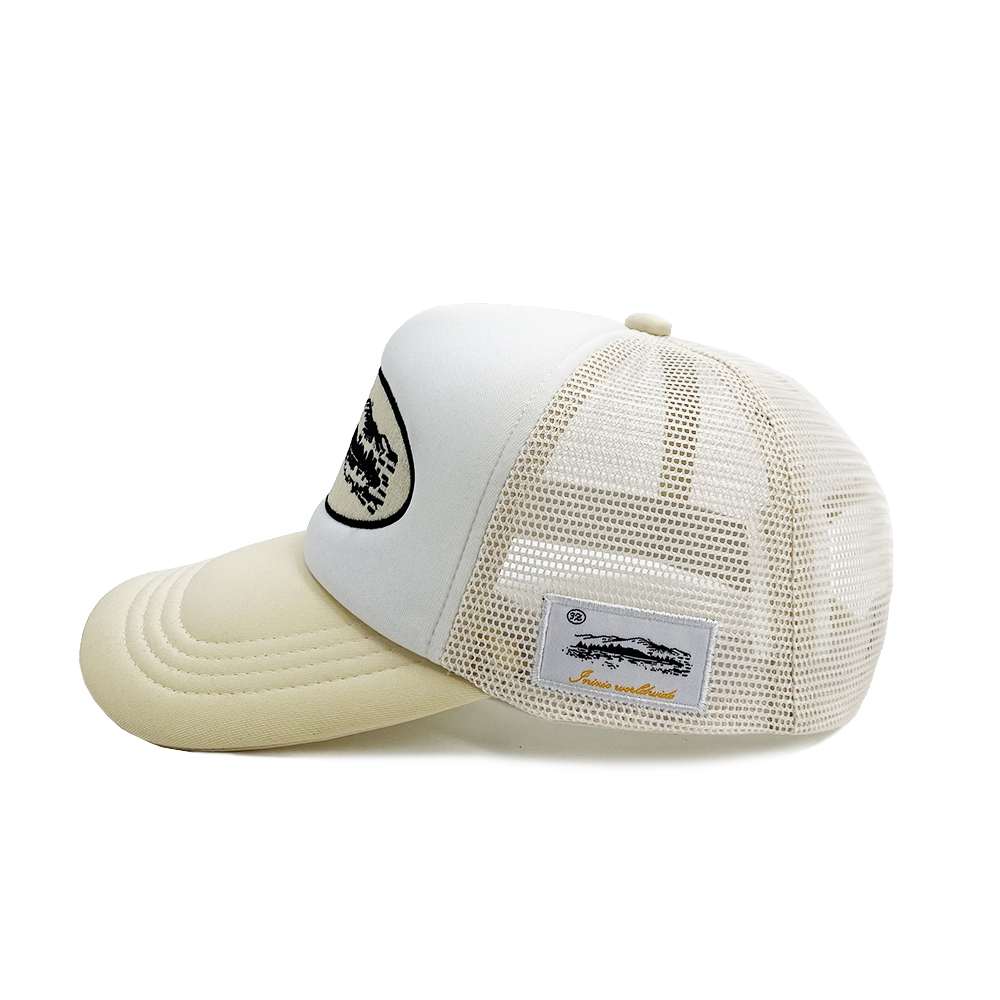 Different Tone Big Custom Embroidery Trucker Hats Snap Mesh Foam Back Woven Patch Side 5 Panel