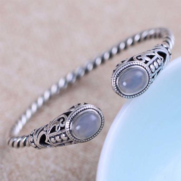 Sterling Silver Cable Bracelet with  Chalcedony Open Adjustable Cuff Bracelet (XH049954WWHITE)