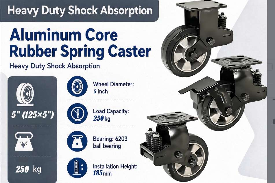 Heavy Duty Shock Absorption Aluminum Core Rubber Spring Caster  250 Kg  6203 Bearing  Hotel Housekeeping Carts