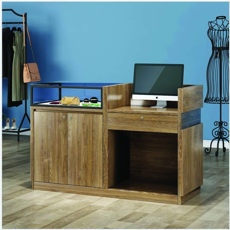 Retailer Shops Modern Wood MDF Checkout Reception Desk with Glass Box Checkout Counter